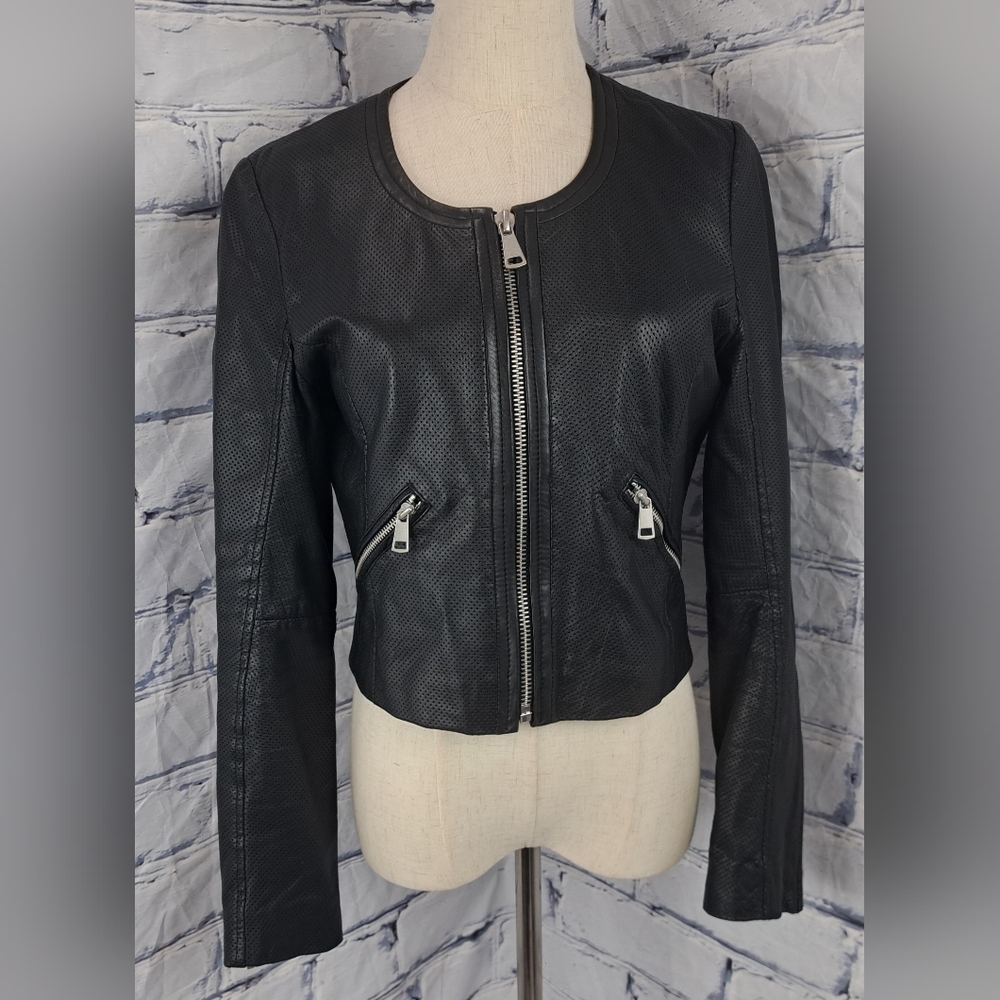 Bagatelle NYC Women's Genuine Leather Jacket Perforated Cropped Zip Cuffs Medium - Picture 15 of 16